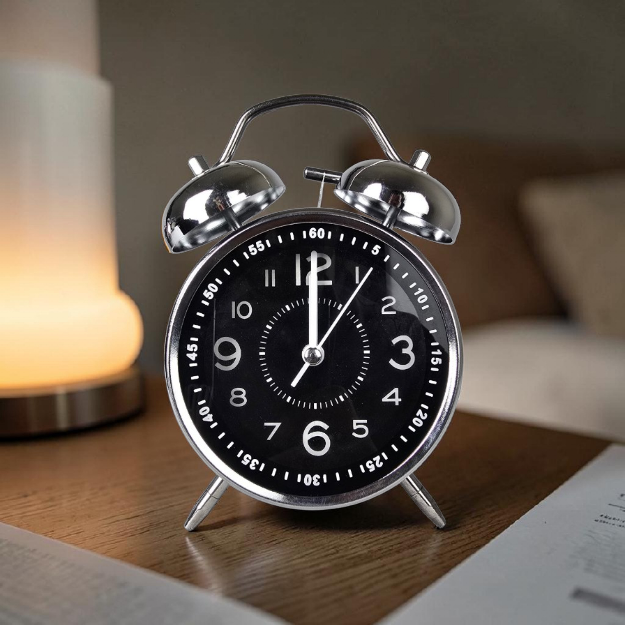 Bell Alarm SIlver and black Clock(Radium)- (TC-242)