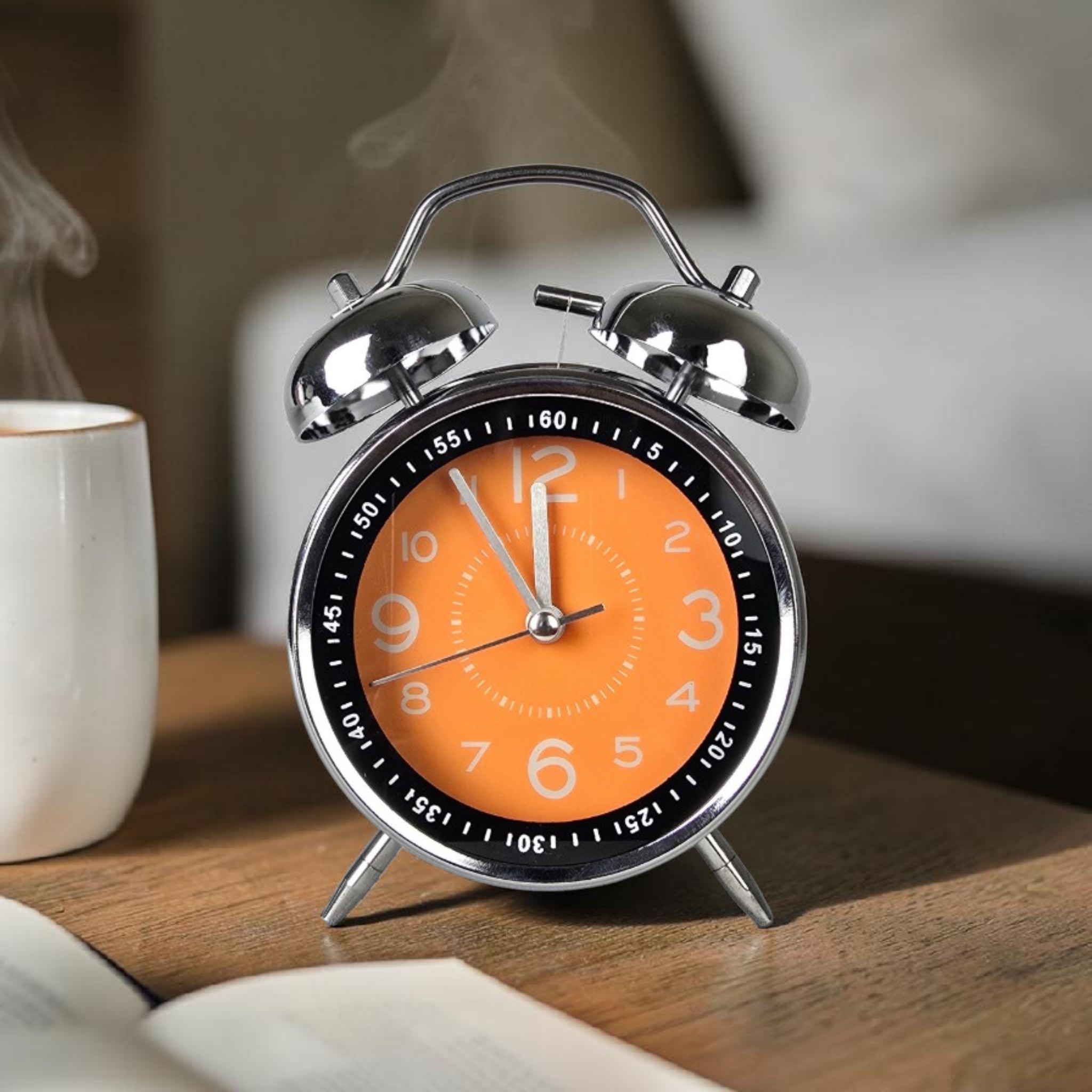Bell Alarm SIlver and Orange Clock(Radium)- (TC-242